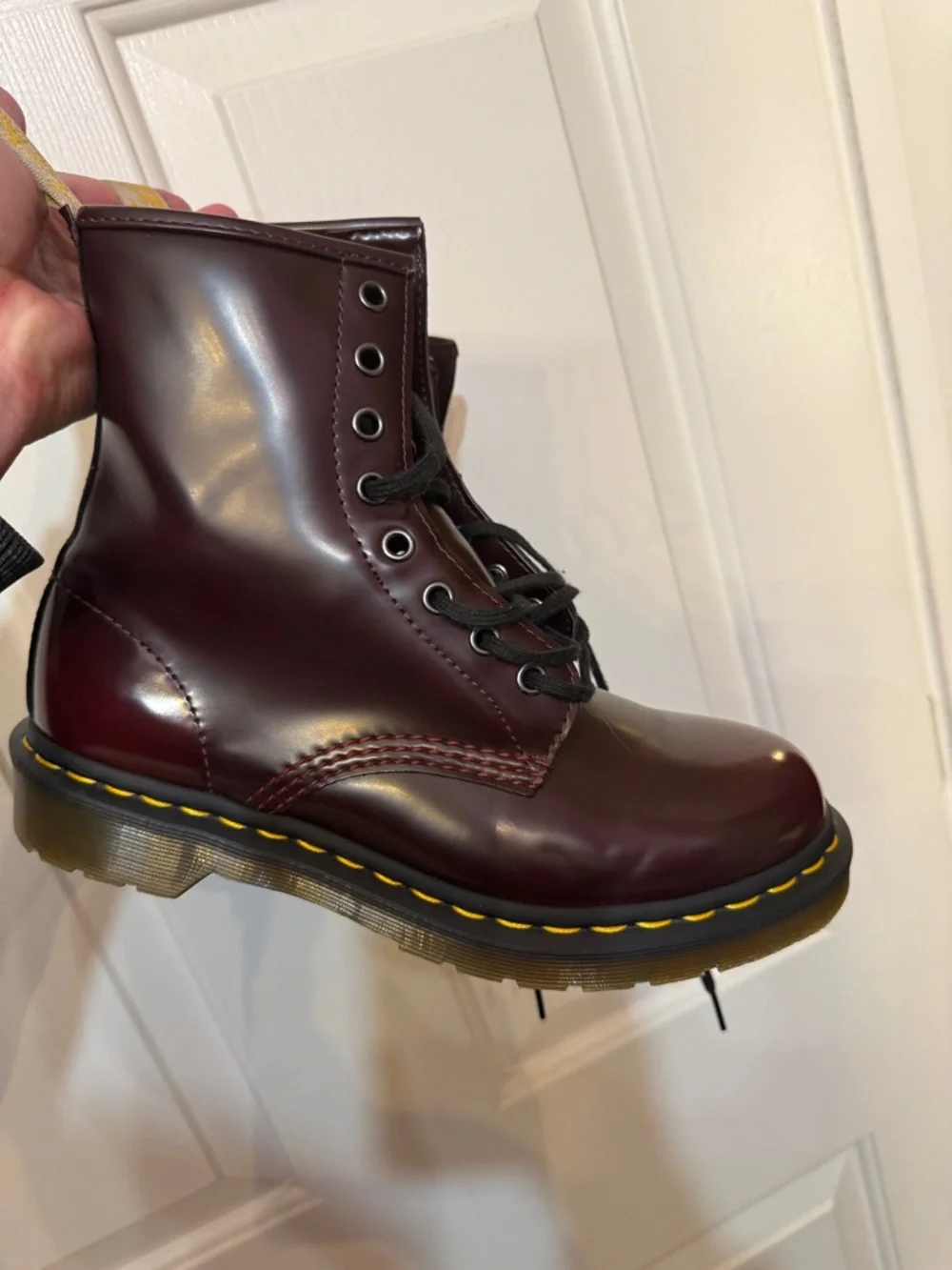 Dr. Martens Cherry/Deep Red Leather Combat Boots with Yellow Heel Loop - Picture 3 of 7